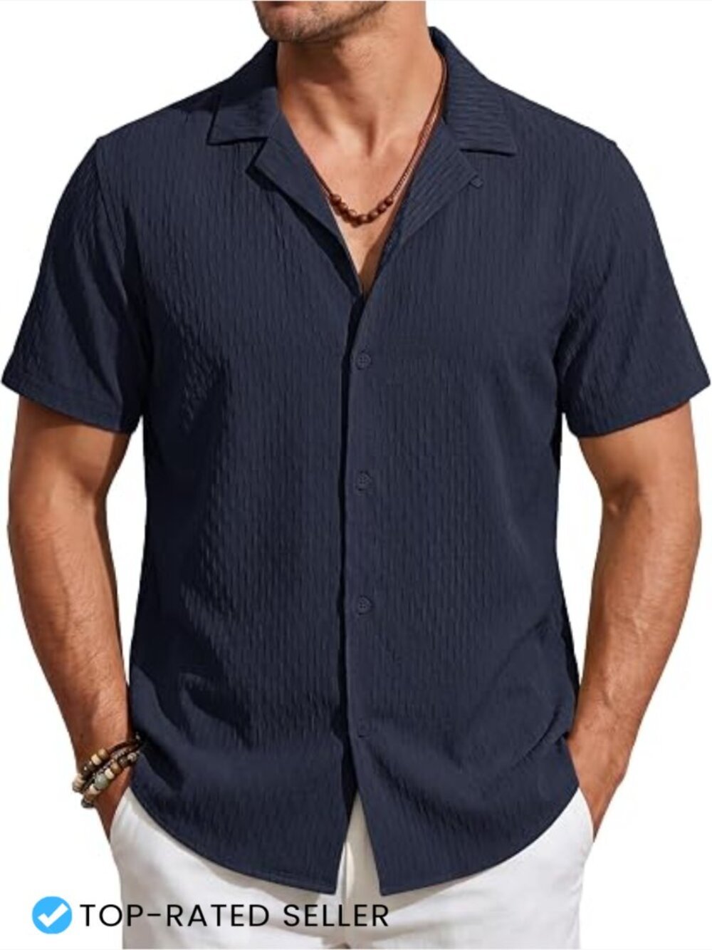 Short Sleeve Button Down Shirt Cuban Collar Textured Summer Casual Beach